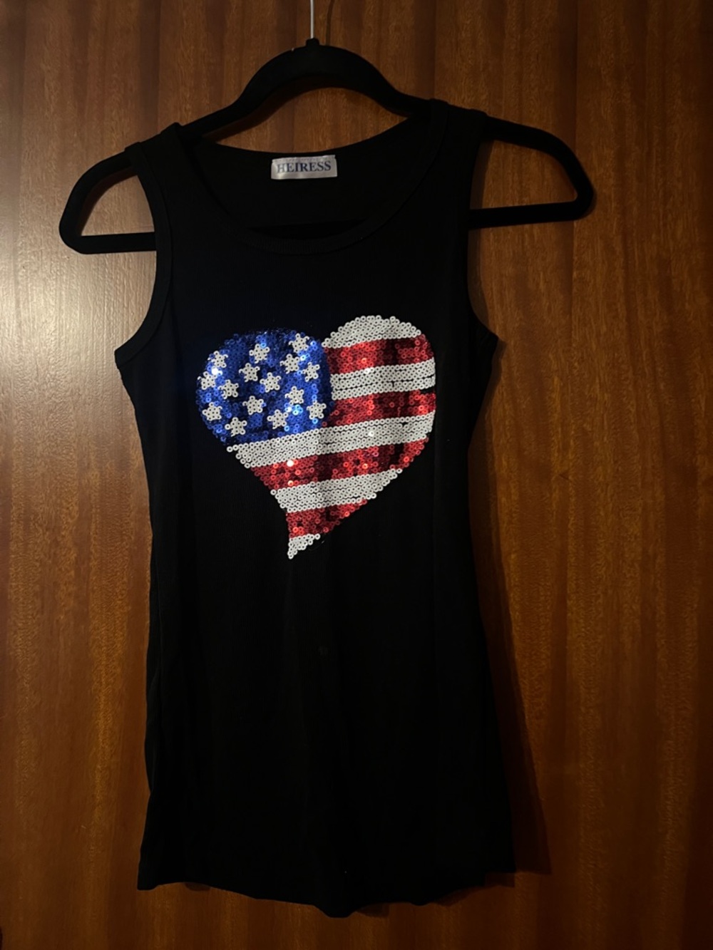 Heiress Black Sequin American Flag Heart Muscle Tank